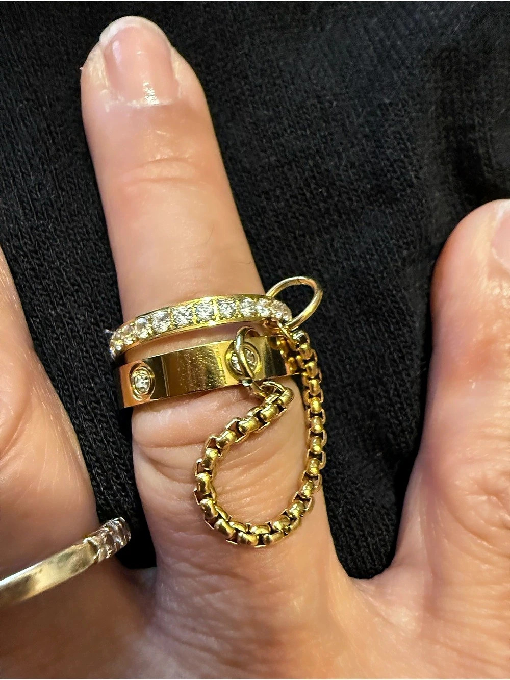 2 Gold-Tone Crystal Chain Ring Like New